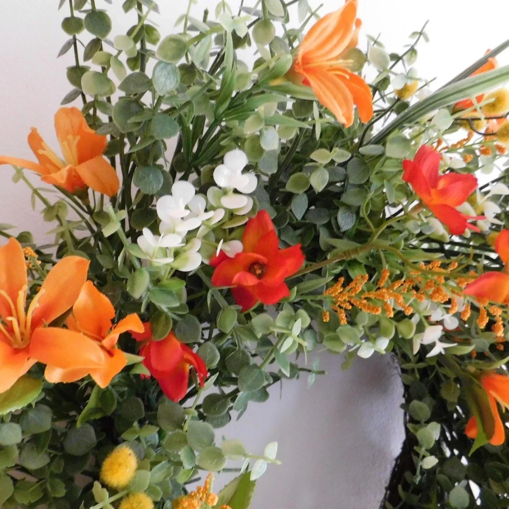 Wildflower Summer Wreath, Wire Vine, Front Door, Tiger Lily, Cosmos